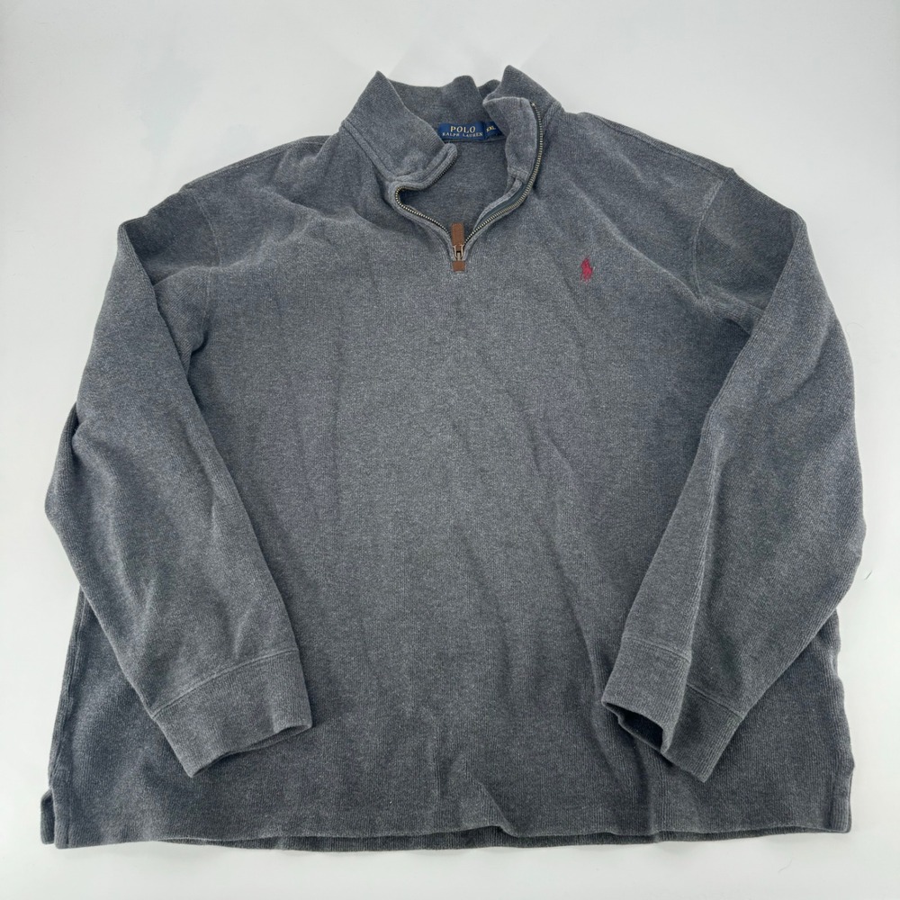 Polo Ralph Lauren‎ Mens XXL Grey Ribbed Cotton Quarter Zip Pullover Sweater Logo